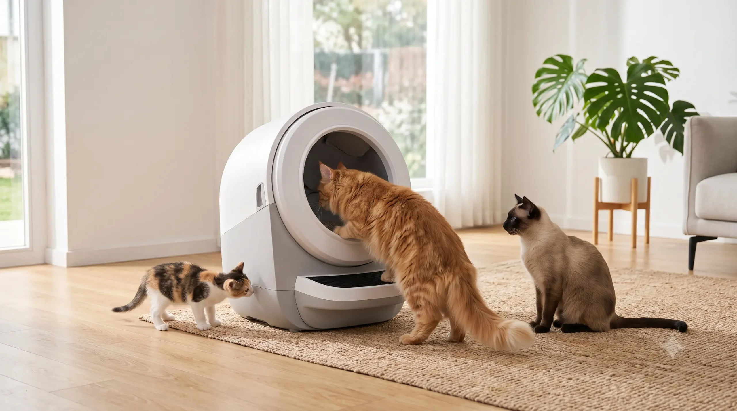 Arenero automático amplio para varios gatos en casa
